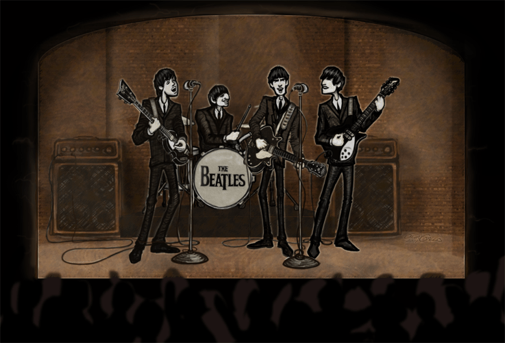 theBeatles_hamburg_1200px cartoon drawing of the young beatles playing the cavern club in hamburg
