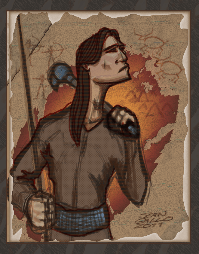 leatherNstone drawing of native american with spear and club