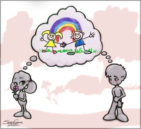 drawing of a shy boy and cute girl sharing a dream of innocent love